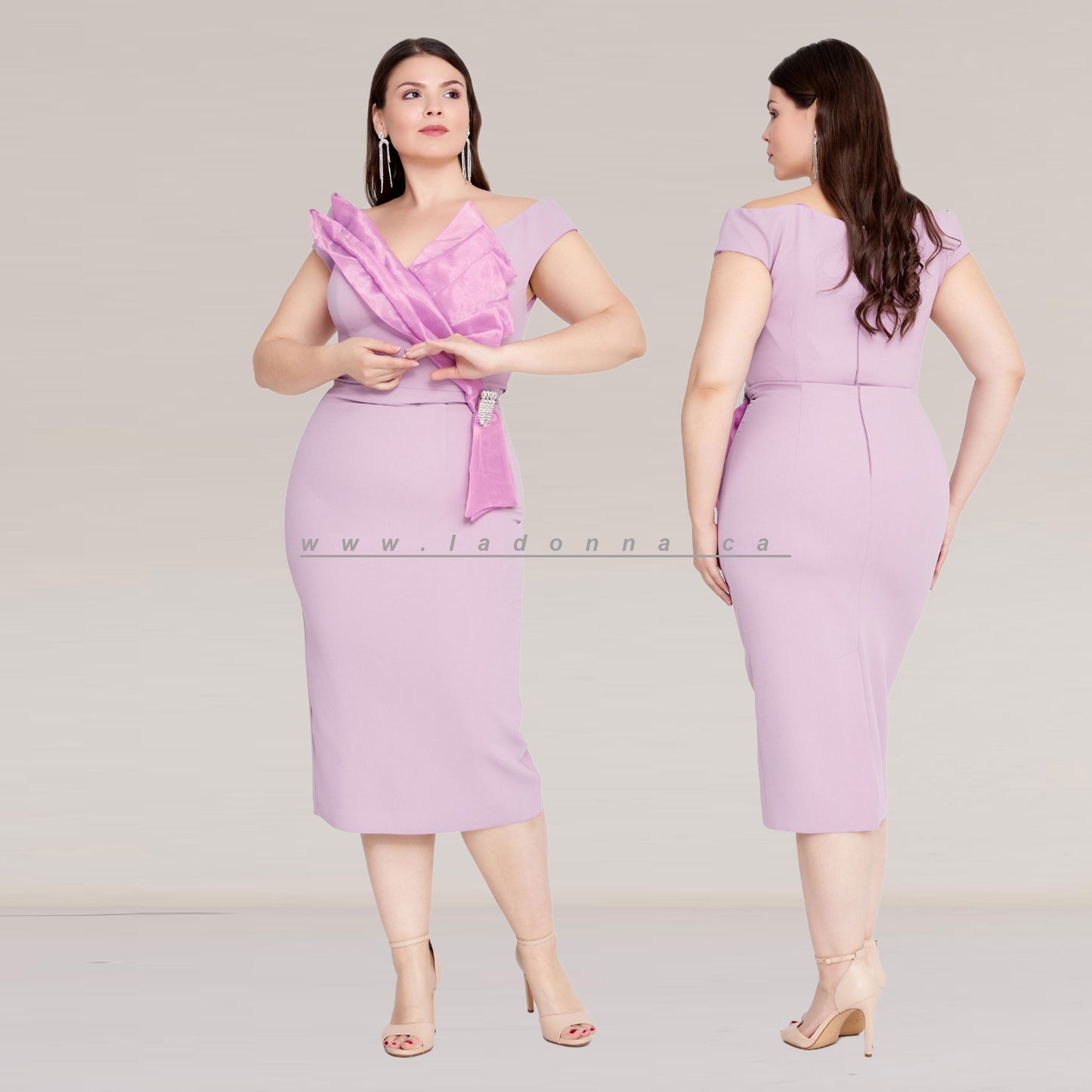 Sleeveless Midi Crepe Column Plus Size Pink Evening Dress