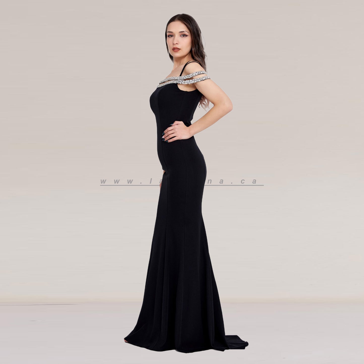 Off Shoulder Maxi Crepe Mermaid Regular Black Dress