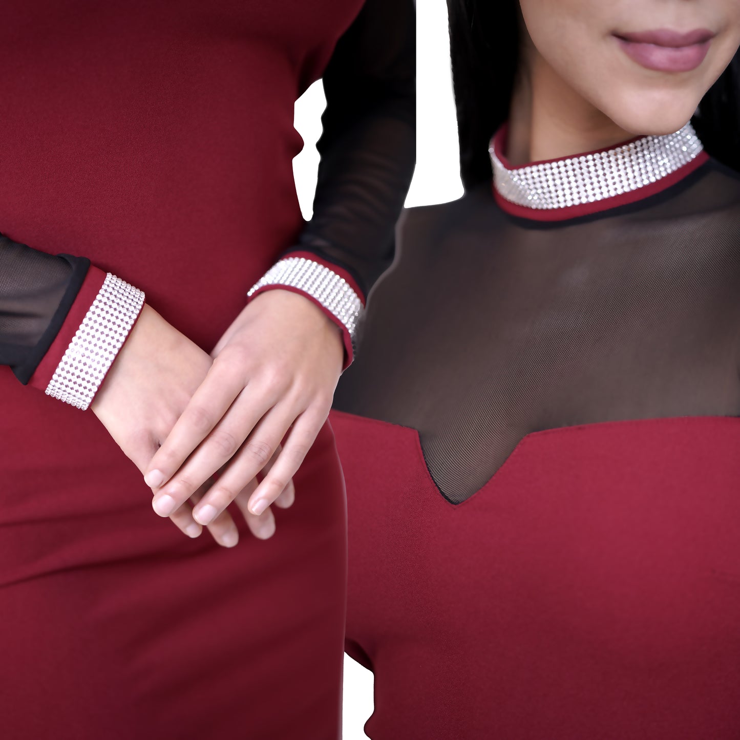 CREPE LONG SLEEVE MINI DRESS – BURGUNDY