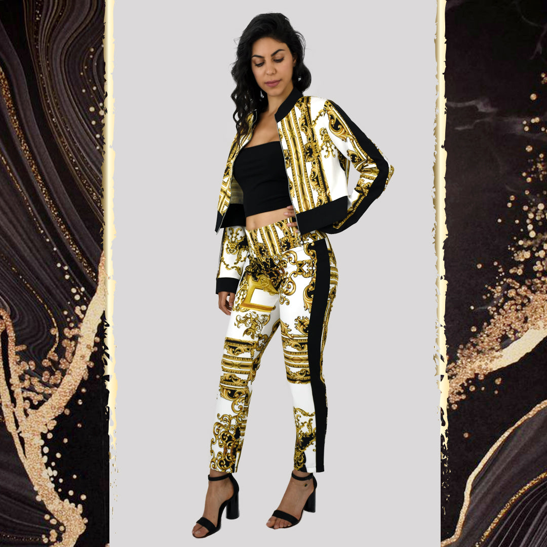 GOLD AND BLACK PRINTED CAUSAL WORK WEAR SUITES