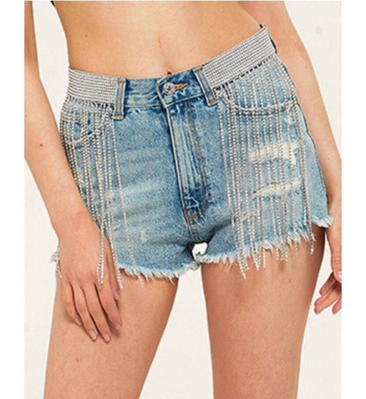 RHINESTONE TASSEL RAW HEM DISTRESSED DENIM SHORTS - BLUE