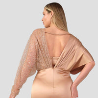 Long Sleeve Midi Satin Column Plus Size Gold Cocktail Dress