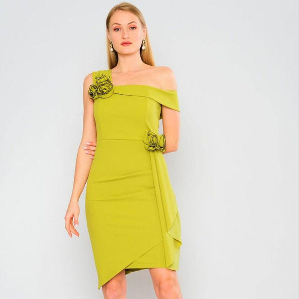 Lively Lime: Cocktail Dress with Embellished Rose Accents