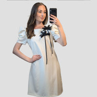 Casual Mini White Dress With Two Black Flowers on the Side