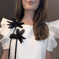 Casual Mini White Dress With Two Black Flowers on the Side
