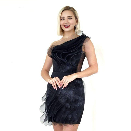 Sophisticated Black Dress with Unique Wave Design