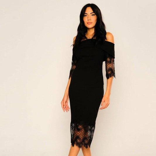 Elegant Noir: Midi Dress with Lace Sleeves and Skirt