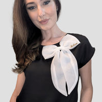 Black Short Sleeve Top with White Bow Design