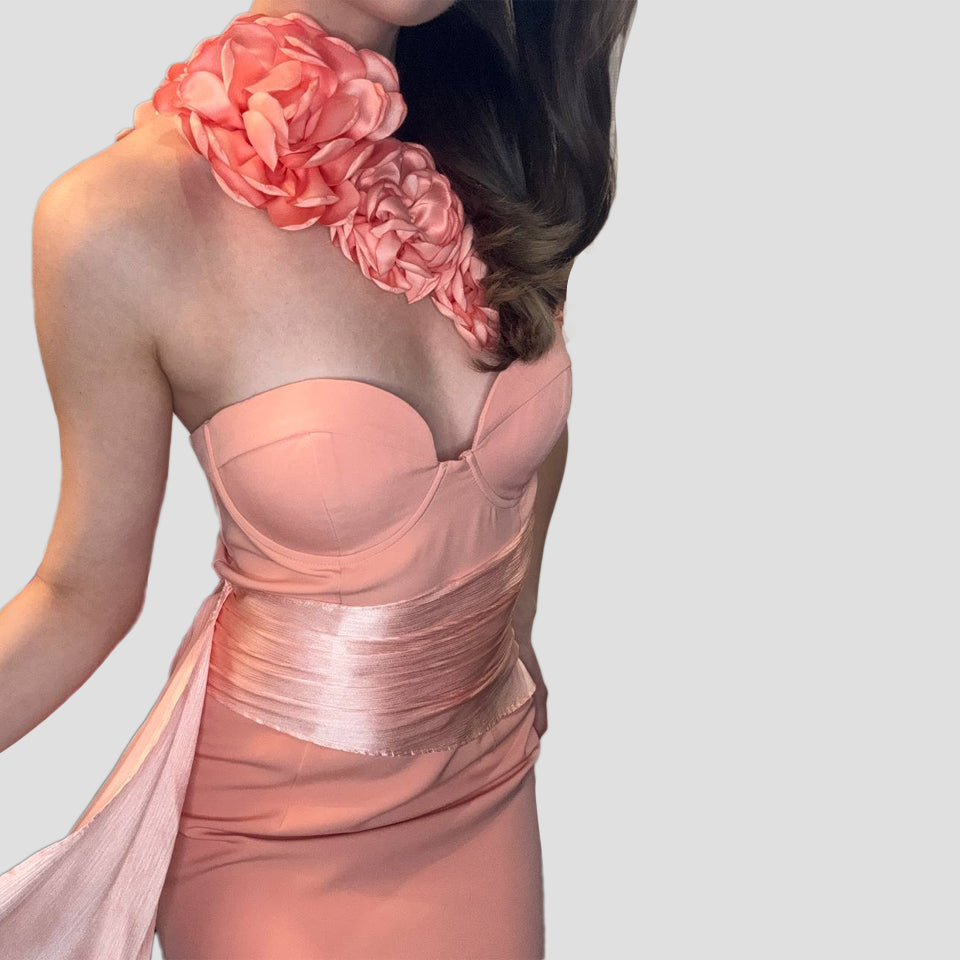 Peach Off-Shoulder Mini Dress Adorned with Rose Detailing on the Shoulders