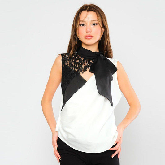 Textured Harmony: Black and White Top with Satin, Lace, and Polyester Mix