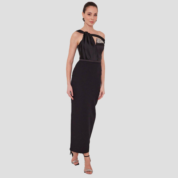 Radiant Shoulders: Satin Special Occasion Dress Embellished with Rhinestones