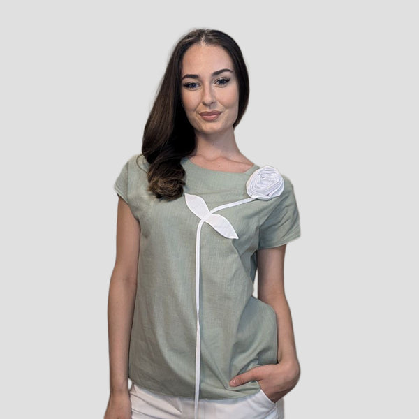 Mint Top with Rose Design
