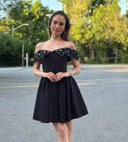 Embellished Off-Shoulder Black Mini Dress