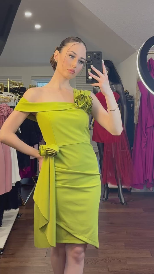 Lively Lime: Cocktail Dress with Embellished Rose Accents