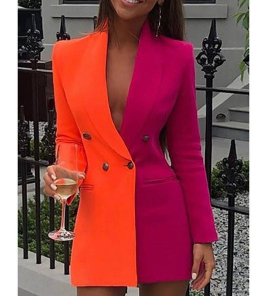 DOUBLE BREASTED V COLLAR TWO-TONED BLAZER – ORANGE & PINK
