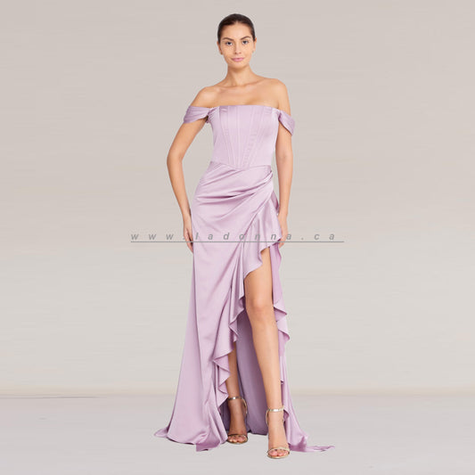Off Shoulder Maxi Satin Column Purple Dress