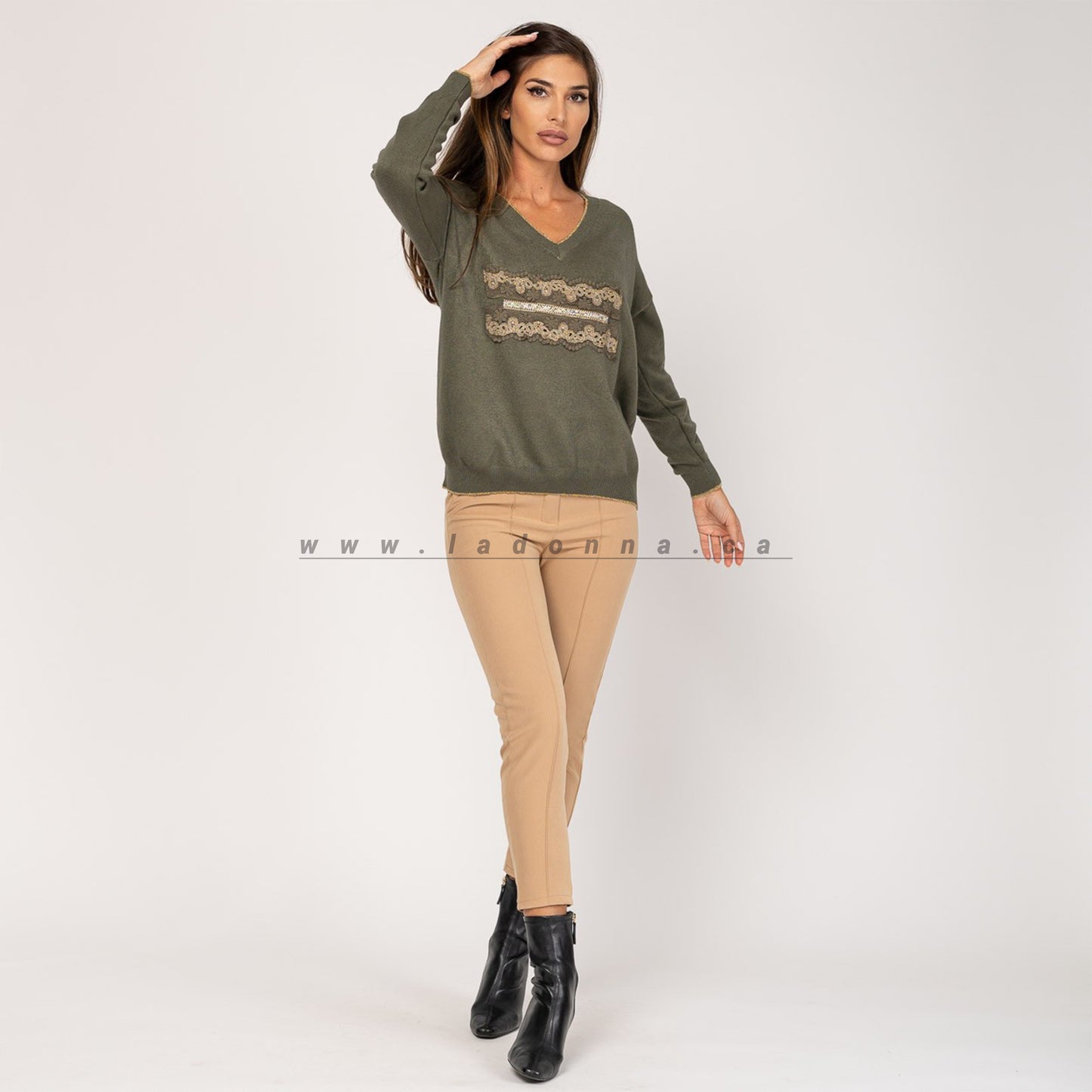 LONG SLEEVE SWEATER WITH GOLD LACE CHAIN - KHAKI