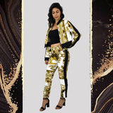 GOLD AND BLACK PRINTED CAUSAL WORK WEAR SUITES