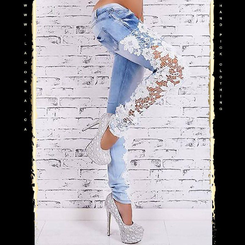 HOLLOW OUT LACE TRIM SKINNY JEANS - BLUE