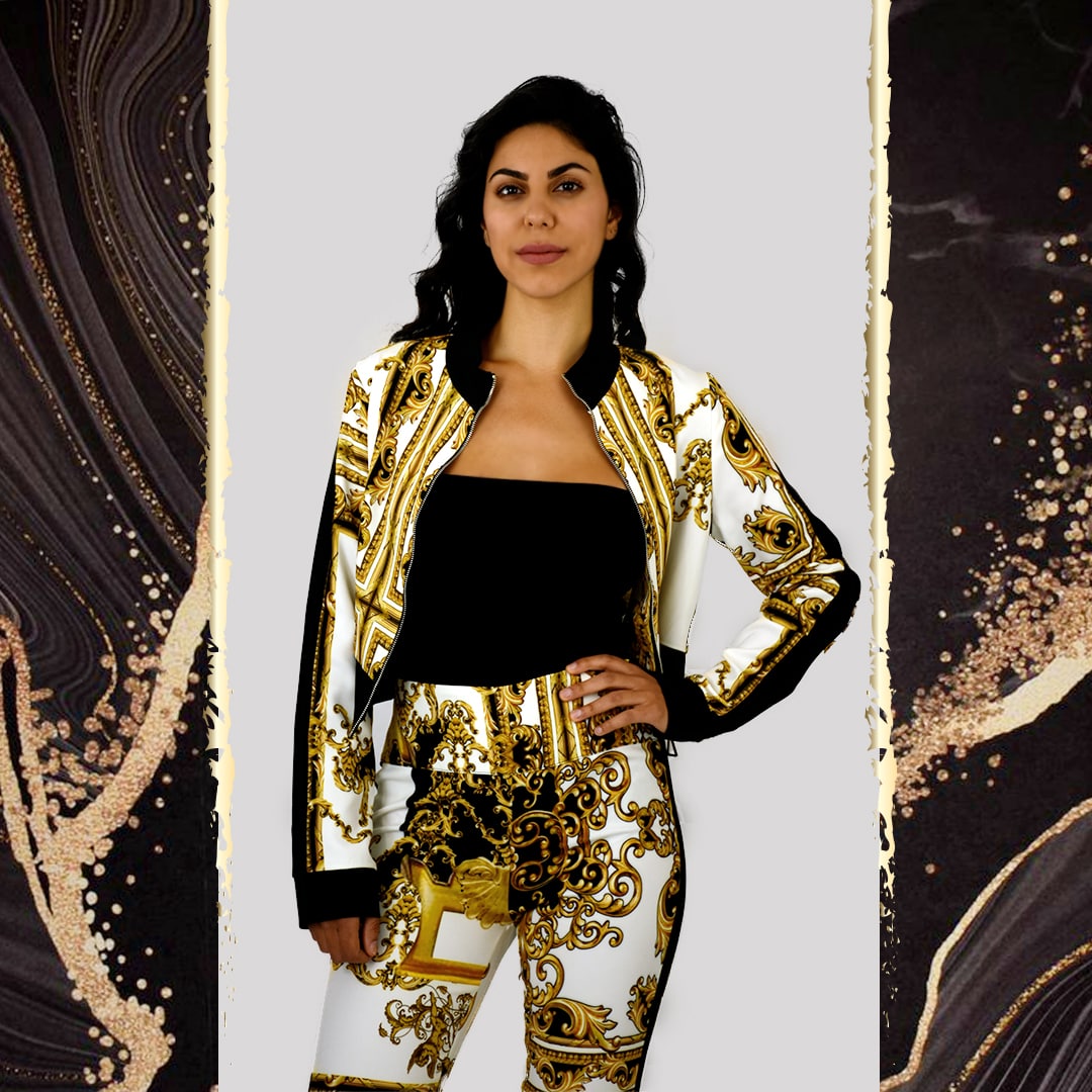 GOLD AND BLACK PRINTED CAUSAL WORK WEAR SUITES
