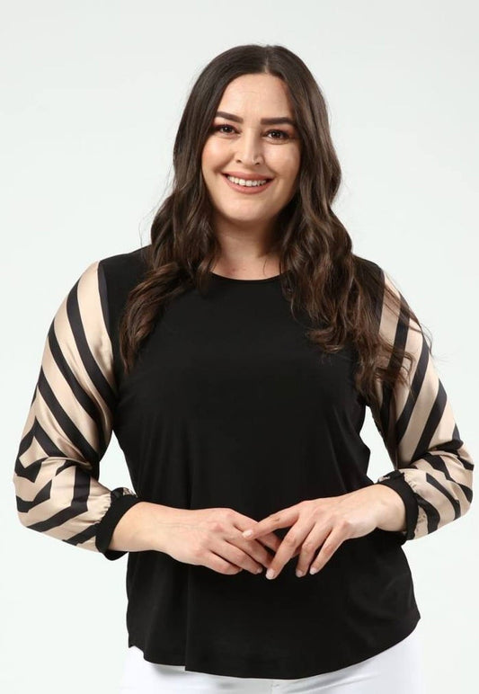 Long Sleeve Crème and Black Satin Blouse